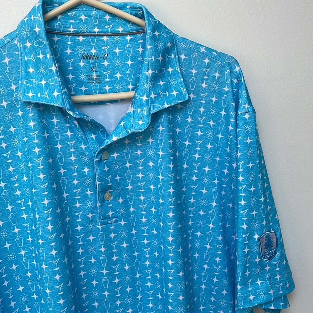 Johnnie O Polo Mens XL Blue Cocktail Shaker Print Performance Short Sleeve Shirt